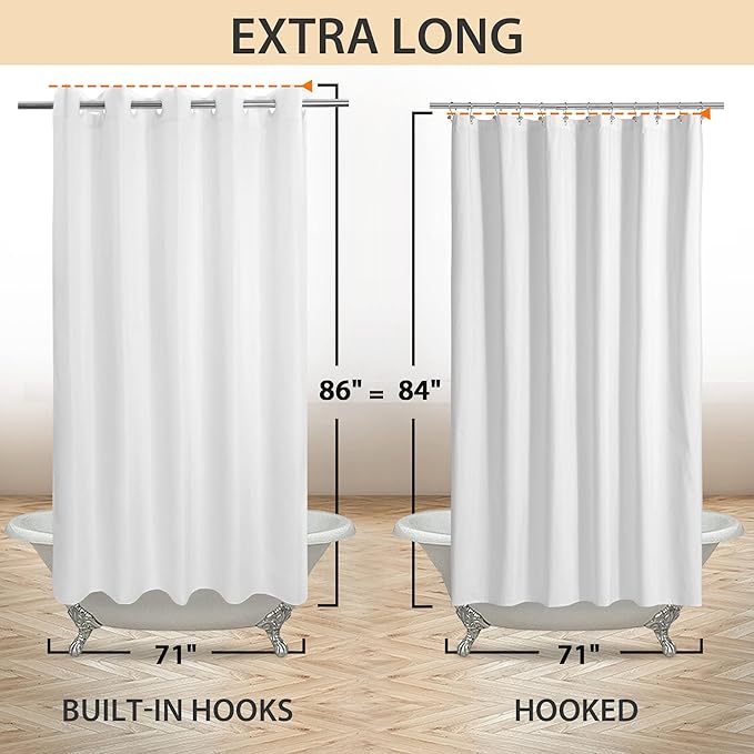 River Dream Extra Long Shower Curtain No Hooks or Liner Needed - Soft Microfiber 84" Long Fabric Shower Curtain Liner Set, Machine Washable & Water Repellent, White