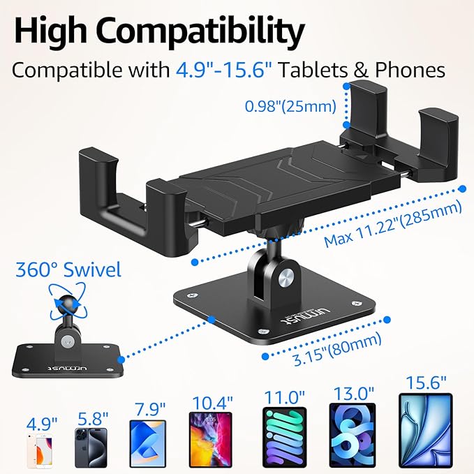 Urmust Universal Tablet Wall Mount Holder, 360° Adjustable, for 4.7-15.6" Devices, iPad, Galaxy Tab,Sturdy Aluminum Wall Phone Holder, ipad Wall Mount for Home, Office & Public Spaces