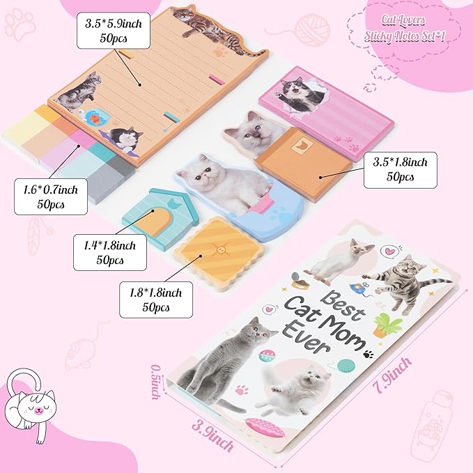 B1ykin Cute Sticky Notes Set - Best Cat Mom Ever Self-Stick Notes Pad, 550 Sheets Writing Memo Pages Sticky Notepad for Teacher Appreciation Gifts, School Office Party Favors Supplies (Cat Lovers)