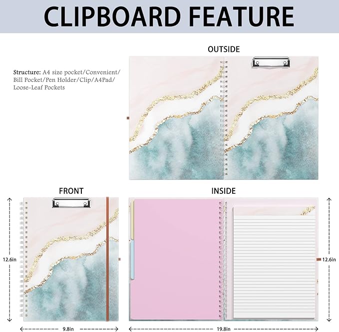 Rimilak Spiral Clipboard Folio with Refillable Lined Notepad, 14.5 x 9.8 In, Hardcover Cover with 5 Interior Pockets, Elastic Band and Pen Loop Series. Cute Stylish Clipfolio, Pink Gold Marble