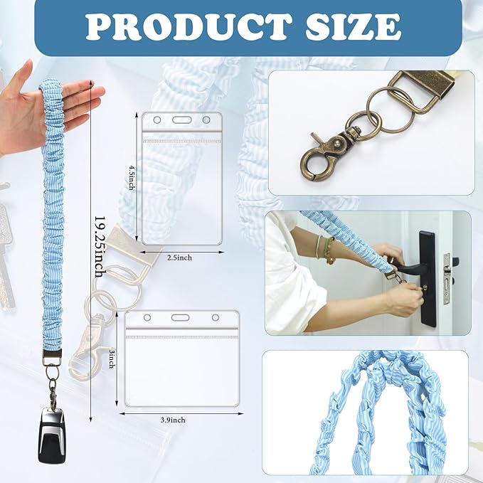 Marspark 2 Set Scrunchie Lanyards with 4 Card Holders for ID Badges and Keys Cute Stretchy Scrunchie Neck and Wrist Lanyards for Teacher Women Nurses School Office Supplies(Blue, Striped)