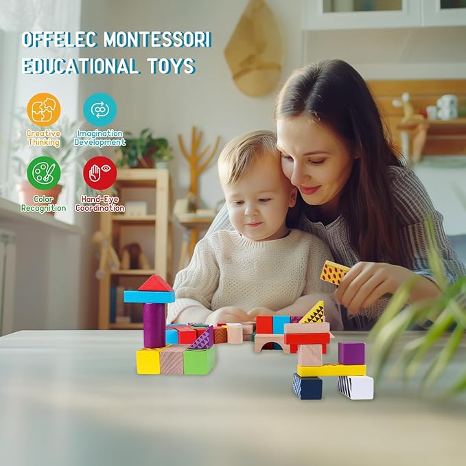 50 Pcs Wooden Building Blocks Set with Storage Bucket, Montessori Stacking Blocks & Shape Sorting Toys for Toddlers, Preschool Learning Toys for Boys & Girls, Kids Brightly Colored Blocks