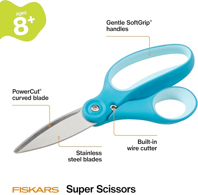 Fiskars Kids Cardboard Creator – Safer Cardboard Cutting Tool with Ergonomic SoftGrip Handle, for Craft and School Supplies, 5 Inches, Rubber and Stainless Steel