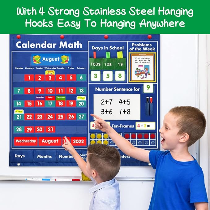 Boczif Daily Math Calendar Classroom Pocket Chart, Math Activities Educational Pocket Chart Teaching Calendar All About Number Activities for Counting, Problem –Solving, Elementary and Pre-school