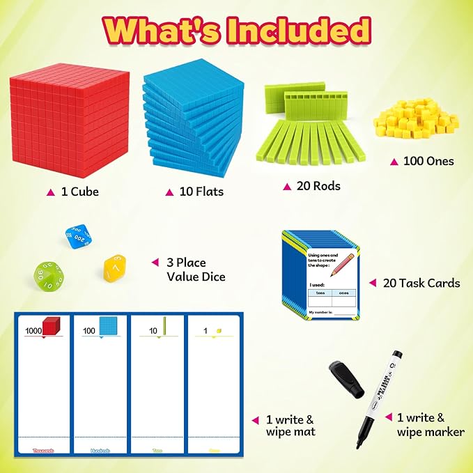 Torlam Base Ten Blocks for Place Value, Counting, Kindergarten Math Games - Base 10 Math Manipulatives for 1st-3rd Grade Kids