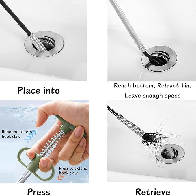 Upgrade Drain Snake for Hair Clogs, 61'' Four claw grabber pickup tool for Litter Pick, Home Sink, Drains, Toilet, Snake Drain Hair Remover