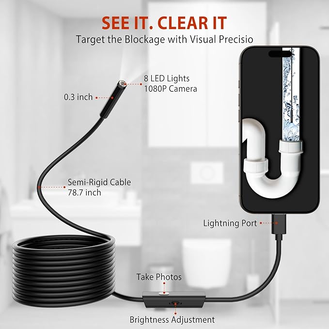 78.7inch Drain Snake with Endoscope, Visual Drain Cleaner Tool, Drain Clog Remover & Endoscope Camera, 19.69inch Drain Snake Hair Remover(3pcs), Drain Auger for Sink, Toilet, Bathtub