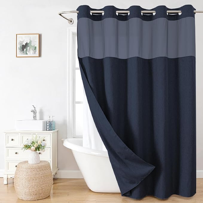 Extra Long No Hooks Needed Linen Textured Shower Curtain with Snap-in Fabric Liner Set,White Hotel Luxury Decor Shower Curtains for Bathroom,Waterproof & Washable,71Wx86H,Navy Blue