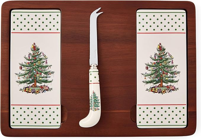 Spode Christmas Tree Cheese Board & Knife Set, Polka Dot - Holiday Entertaining, Charcuterie & Cracker Tray, Seasonal Serveware - Christmas Table Setting & Cheese Presentation