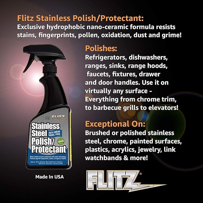 Flitz Stainless Steel Polish Protectant - 16oz Bottle, USA-Made Ceramic Coating for Stainless Steel Appliances, Repels Fingerprints & Water Spots - Aluminum & Chrome Polish & Protectant (1 Pack)