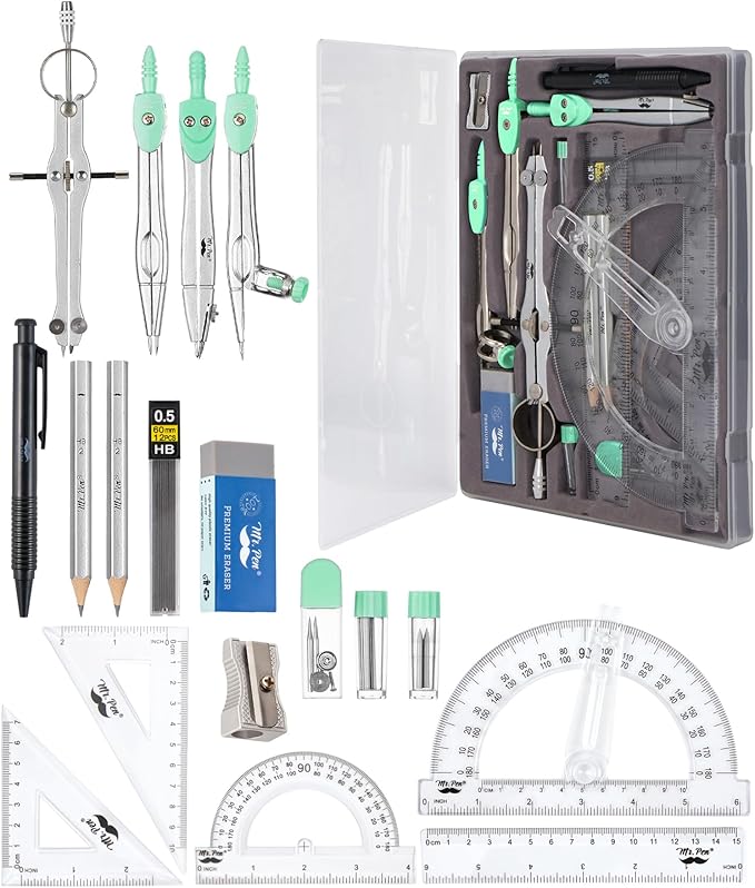 Mr. Pen- Geometry Set, 15 pcs, Green, 6 Inch Swing Arm Protractor, Divider, Set Squares, Ruler, Compasses and Protractor