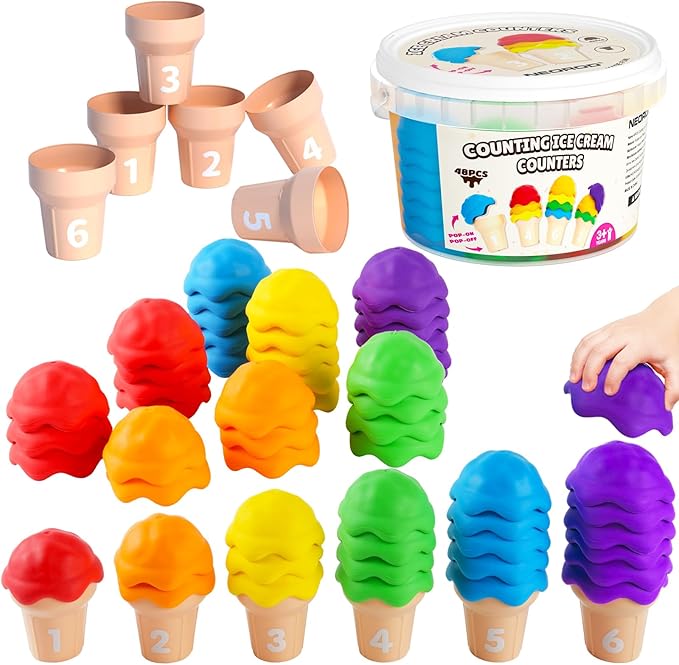 NEOROD Ice Cream Counting Toys for Toddlers 3-5 – Montessori Preschool Learning Set with 42 Scoops & 6 Cones | Color Sorting & Fine Motor Skills Stacker | Educational Math Game & Sensory Toys for Kids