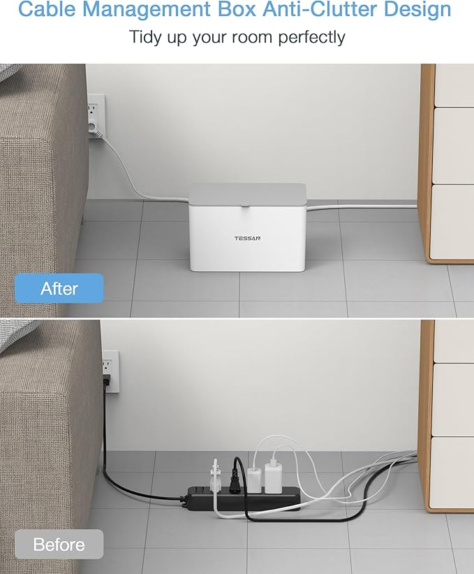 TESSAN Power Strip with Cable Management Box, 5 ft Flat Plug Extension Cord, 4 Outlets 2 USB Ports with Overload Switch, Mountable White Power Cord Organizer Charging Station for Dorm, Office, Home