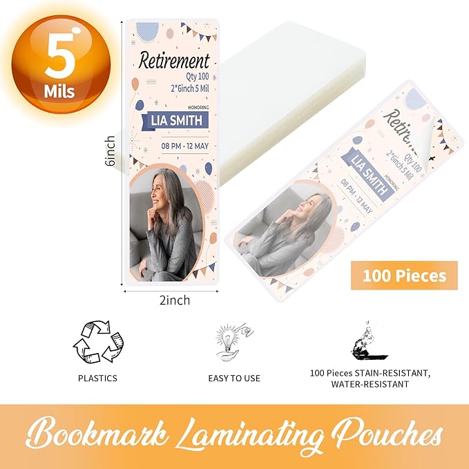 100 Pieces Bookmark Laminating Pouches 2x6 Hot Laminator Sleeves 5 Mil Photo Booth Frames for Book Lovers Nature Lovers (100, 2x6 Inch)