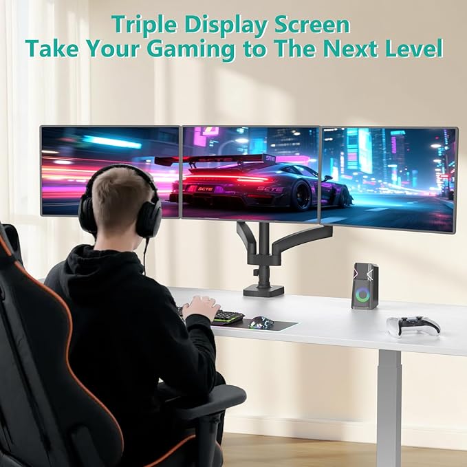 WALI Triple Monitor Mount, 3 Monitor Desk Mount with Premium Gas Spring Arm for Screens 13-27 Inch, Multiple Monitors Stand with Tilt, Swivel, Rotation, Mounting Holes 75/100 mm, Black