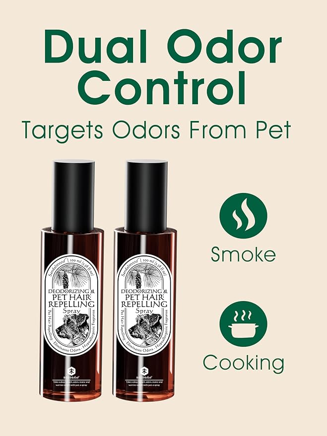 4-in-1 Pet Hair Repellent Spray, Pet Hair Dissolver & Odor Neutralize, Plant Based Enzymes, Safe for Pets, Clothes & Furniture, Refresh Pine Nut Scent, 6.76 fl oz, 2 Travel Pack