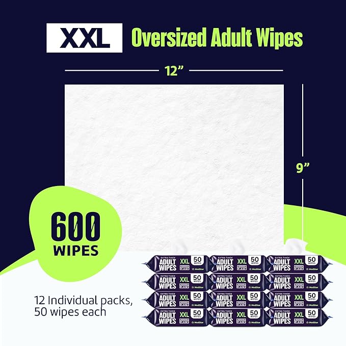Adult Wipes for Elderly 12 Pack - Extra Large Extra Thick No-Rinse Bathing Wet Wipes for Adults - Incontinence Shower Alternative Disposable Washcloths - Fragrance-Free XXL