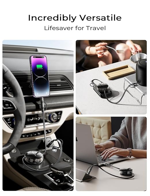 LISEN 5-in-1 Fast Charging Retractable Cable for iPhone, iPad, Samsung - 60W Charger with USB-C/A Ports for Phones, Tablets, Black
