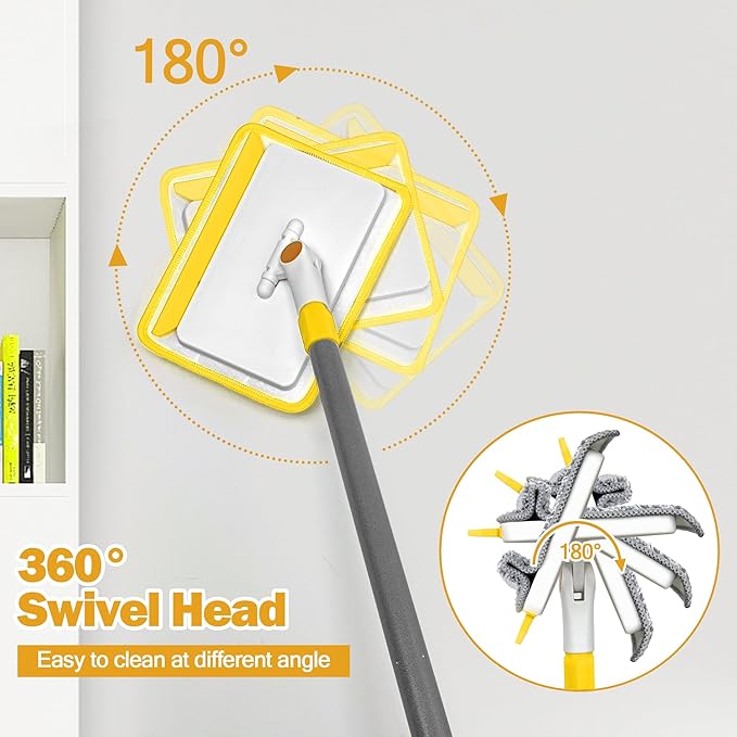 JEHONN Baseboard Cleaner Tool with Handle, 56 inches Base Boards Cleaning Mop Scrubber, 1 Stiff Bristles Brush, 2 Chenille and 2 Microfiber Pads, Wall Duster for Floorboard Ceiling Window (Yellow)