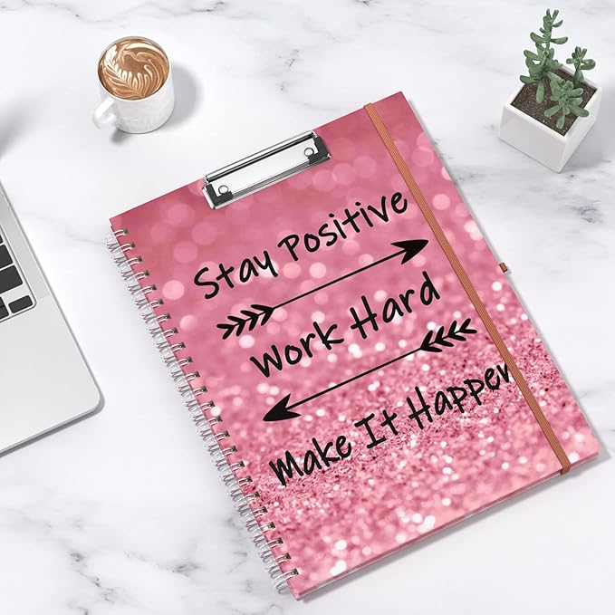 Rimilak Spiral Clipboard Folio with Refillable Lined Notepad, 14.5 x 9.8 In, Hardcover Cover with 5 Interior Pockets, Elastic Band and Pen Loop Series. Cute Stylish Clipfolio, Work Hard
