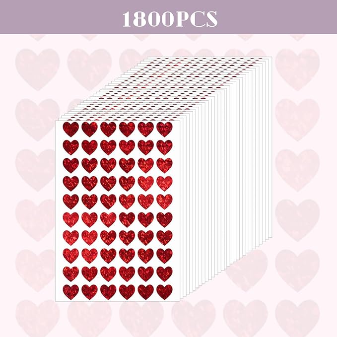 1800pcs Mini Heart Stickers (0.5 Inch), Holographic Red Small Stickers for Envelope Seals, Teacher Classroom Rewards, Planners, Scrapbooking & Valentines Day Decoration (30 Sticker Sheets)