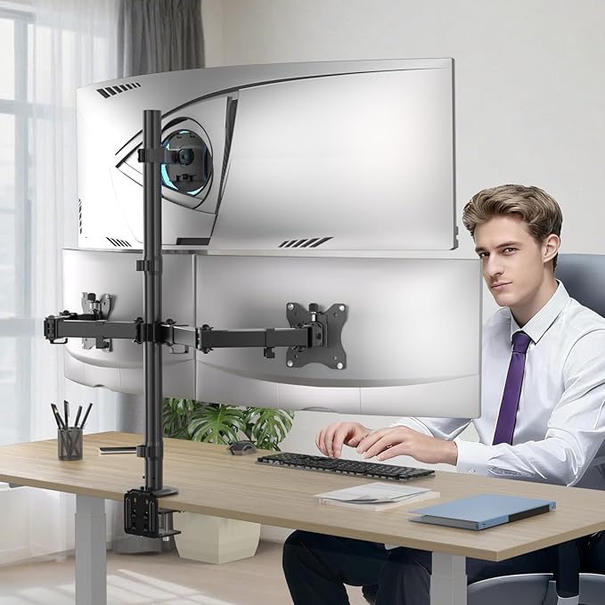 WALI Triple Monitor Mount for up to 49 inch Ultrawides on Top Bracket and 32 inch Screens on Side Brackets, Extra Tall 3 Monitors Desk Mount, Heavy Duty Monitor Arm up to 44 lbs (M003-P), Black