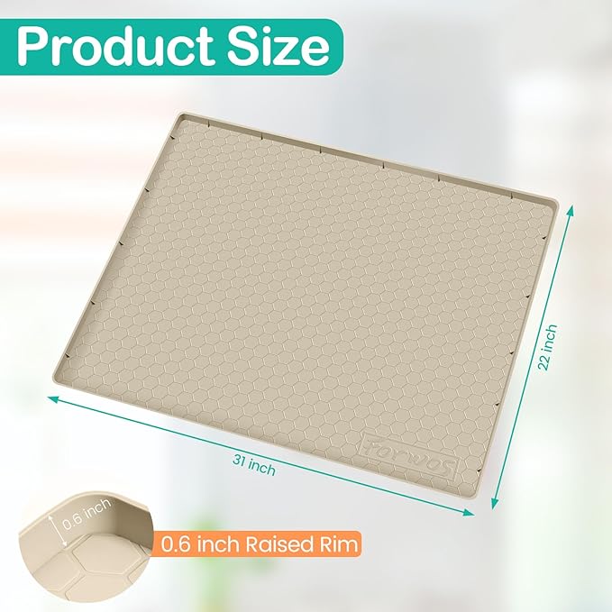 Waterproof Under Sink Mat 31" x 22", Silicone Cabinet Liner, Rubber Protector for Kitchen and Bathroom, Keeps Cabinets Clean, Dry, and Organized (Khaki)