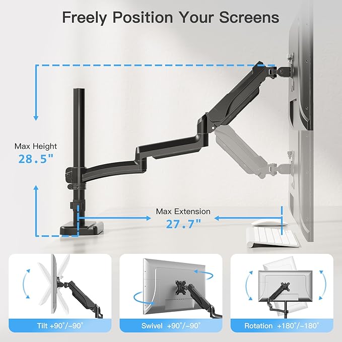 MOUNTUP 27 inch Extra Long Monitor Arm, Single Desk Mount for 22-32 inch, Tall Monitor Stand Holds 4.4-19.8lbs, Height Adjustable Monitors Stand for Desk with C-Clamp/Grommet Base, Black