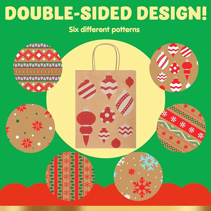 JOYIN 24 Christmas Kraft Gift Bags for Classrooms and Party Favors, Holiday Goody Gift Bags for Xmas Present Wrapping, Christmas Decorations, Party Supplies Decor (10.2" x 4.2" x 6.3 ")