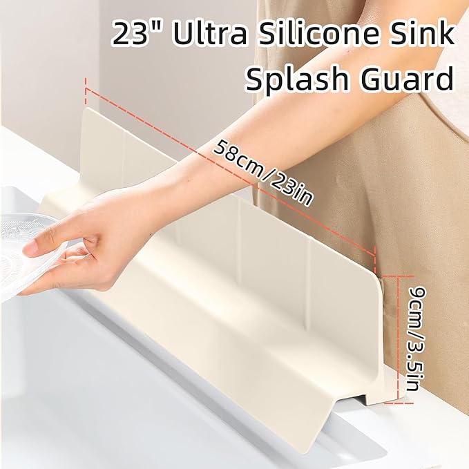 23" Ultra Silicone Sink Splash Guard Released in 2025/Dec,Self-Draining Water Splash Guard for Kitchen Sink,Bathroom and Island,with 3.5" High Splash Guard & 7 Strong Suction Cup (Beige)
