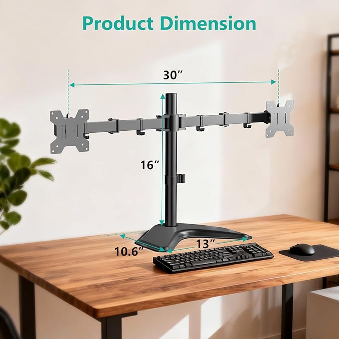 WALI Dual Monitor Stand, Freestanding Full Motion Monitor Desk Mount Fits 2 Screens up to 27 inches, Dual Monitors Arm Fits up to 22lbs, VESA 75x75 100x100 (MF002LM), Black