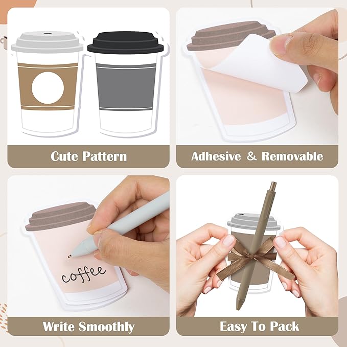 Xqumoi Coffee Cup Sticky Notes with Pen Gift Set - 24 Set Coffee Self Sticky Writing Memo Pads Ballpoint Pens with Mesh Bag Birthday Party Favors School Classroom Rewards Office Supplies
