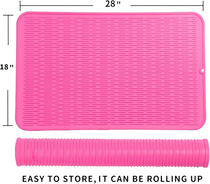 Silicone Dish Drying Mat for Multiple Usage,Easy clean,Eco-friendly,Heat-resistant Silicone Mat for Kitchen Counter or Sink,Refrigerator or Drawer Liner Rose 3XL 28 inches x 18 inches