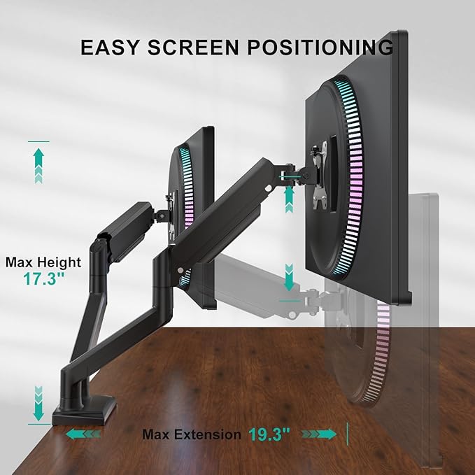 WALI Dual Monitor Stand for 13-32 inch Computer Screens, Dual Monitor Arms for 2 Monitors Holds up to 22 lbs, Height Adjustable Gas Spring Dual Monitors Mount, VESA 75x75/100x100mm (GSMP002N), Black