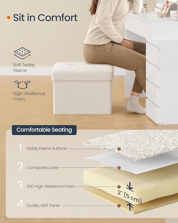 SONGMICS Small Folding Storage Ottoman, Foot Rest Stool, 12.2 x 16.1 x 12.2 Inches, Ottoman with Storage, Load up to 286 lb, for Living Room, Bedroom, Dorm, Cream White ULSF094W01
