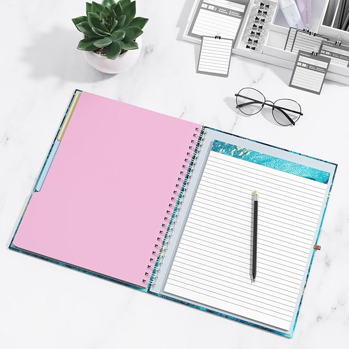 Rimilak Spiral Clipboard Folio with Refillable Lined Notepad, 14.5 x 9.8 In, Hardcover Cover with 5 Interior Pockets, Elastic Band and Pen Loop Series. Cute Stylish Clipfolio, Teal Marble
