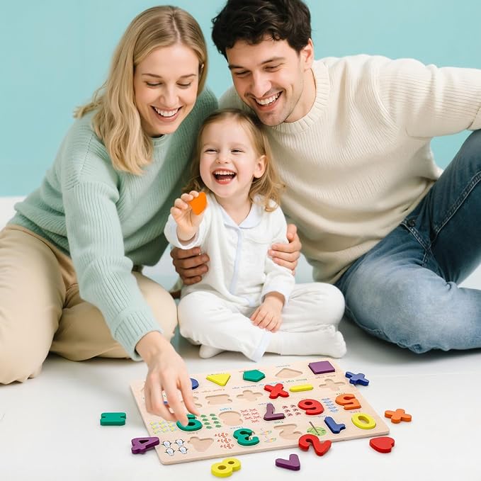 Number Puzzle Wooden Puzzles for Toddlers, Shape Learning Puzzles Toddler Toys with Puzzle Board & Letter Blocks, Preschool Educational for Girls Boys, Pattern Number