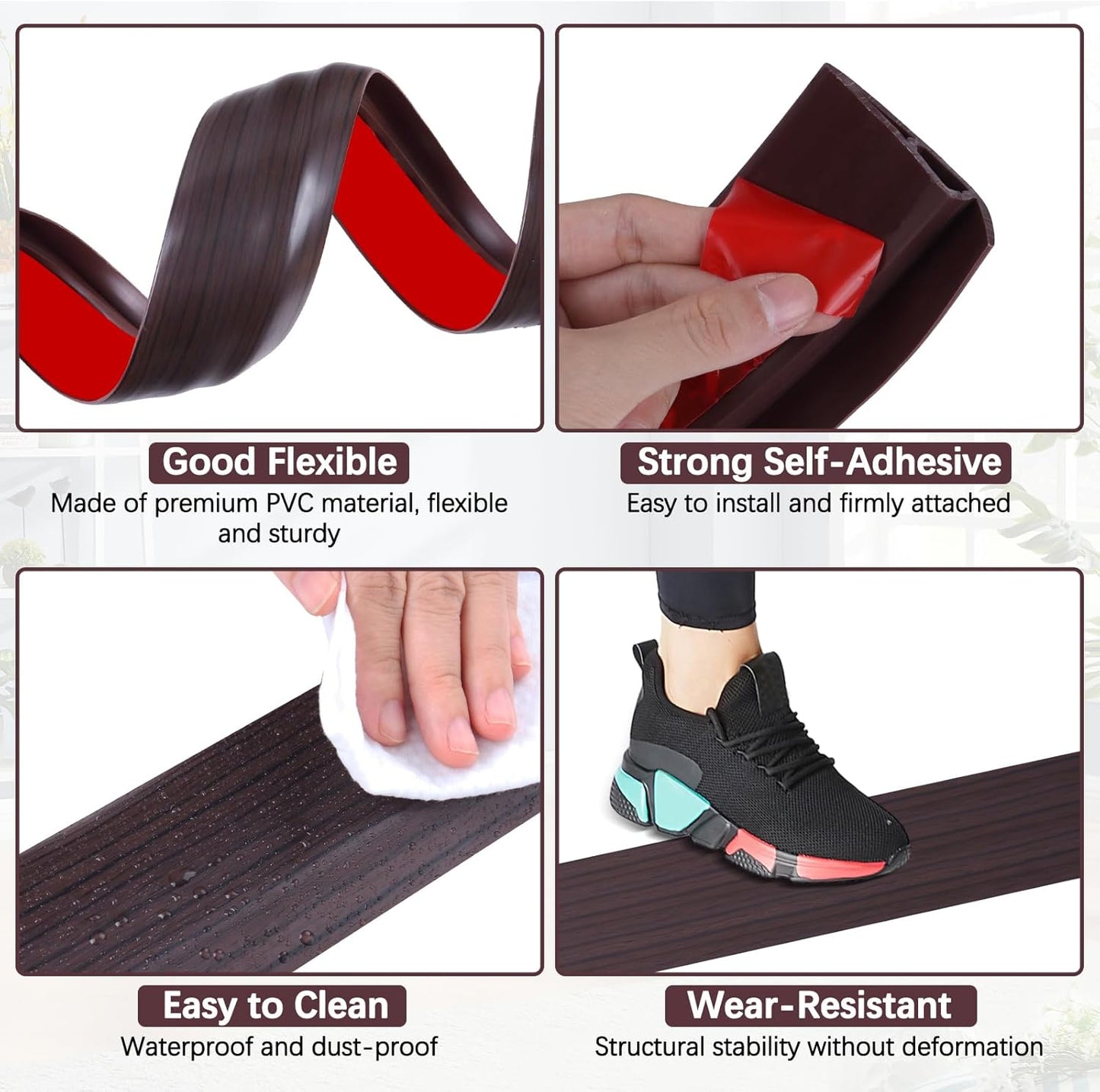 Vinyl Door Threshold Flooring Transition Strip Self Adhesive Carpet Edging Strip for Laminate Doorway Edge Threshold from 1/5" to 2/5" (Black Walnut Wood Grain, 3.3 Ft)