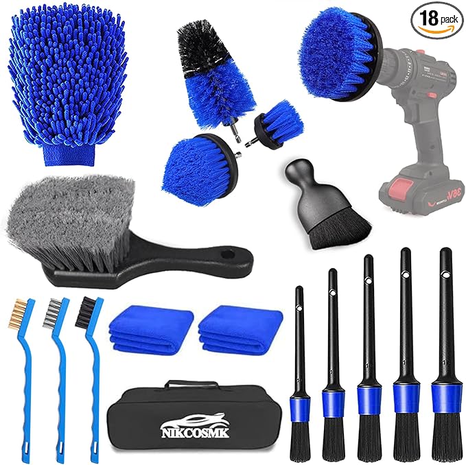 Car Detailing Kit, 18Pcs Car Detailing Brush Set, Car Cleaning Kit, Drill Brush Set, Car Detailing Brushes, Tire Brush - Car Wash Kit, Car Cleaning Tools brushes for Interior, Exterior, Wheels