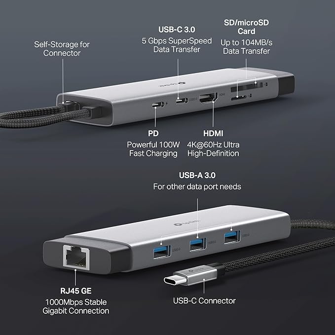 TP-Link USB C Hub 9-in-1 Multiport Adapter UH9120C | 4K@60Hz HDMI, 1×1G ethernet, SD & microSD, 100W Power Delivery, 1×USB-C + 3×USB-A Data Ports | 5Gbps High-Speed Splitter for MacBook & More