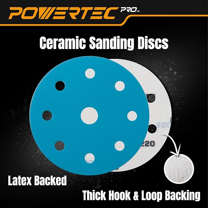POWERTEC PRO 45PK, 5 Inch 9 Holes Assorted Sanding Disc, 80/120/220 Grit, Ceramic Hook and Loop Backing Discs for Festool Orbital Sanders - Automotive, Paint, Metal, Woodworking (45900C-45)