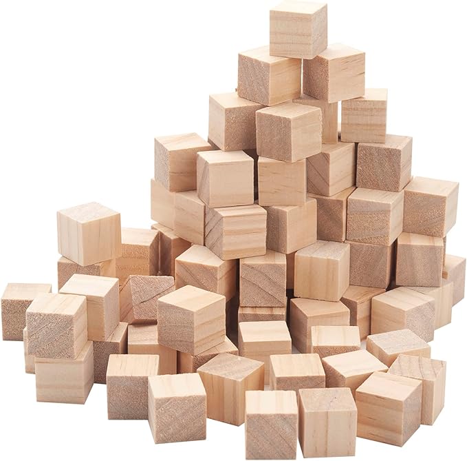Wooden Blocks for Crafts 3/4 inch, 100PCS Small Unfinished Solid Wood Cubes Blank Natural Wood Square Blocks for Crafting, Baby Shower Decor, DIY Projects, Puzzle Making, Alphabets, Stamps