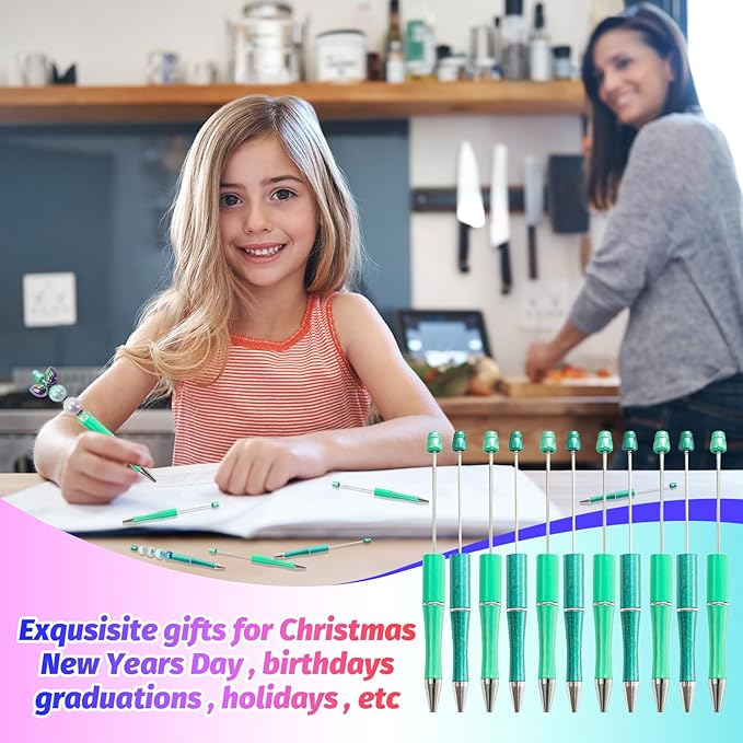 150 Pieces DIY Beadable Pen Kit – 50 Plastic Ballpoint Pens with Refills & Bags – School Supplies, Office Accessories & Decorative Items for Students & Teachers (Cyan)