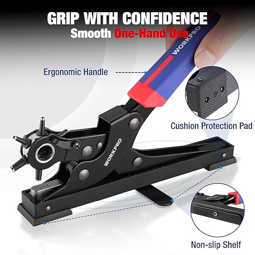 WORKPRO Desktop Leather Hole Punch Set, Rotary Belt Hole Puncher, 6 Punch Sizes, Heavy Duty Leather Hole Punch Tool for Belts, Dog Collars, Watch Band, Saddles, Shoes, Home DIY
