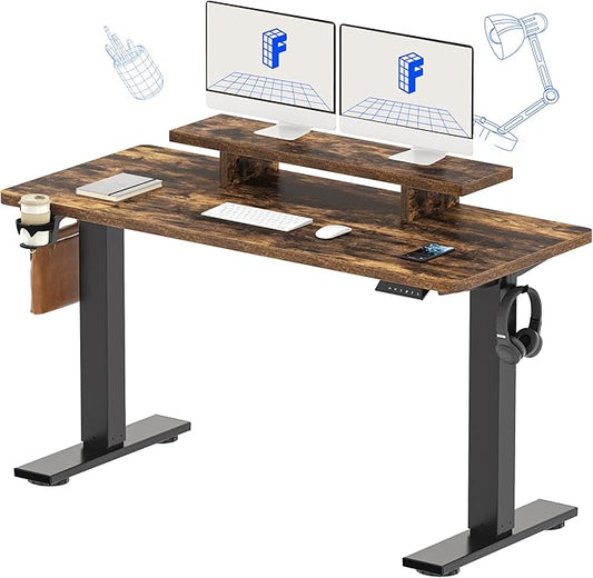 FLEXISPOT Standing Desk with Monitor Stand, 55 x 24 Inches One-Piece Electric Height Adjustable Computer Desk with Cup Holder, Home Office Desks (Black Frame+ Rustic Top)