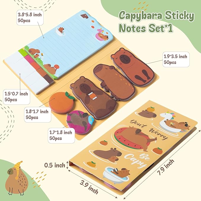 B1ykin Cute Sticky Notes Set - Don’t Worry Be Capy Self-Stick Notes Pad, 550 Sheets Writing Memo Pages Sticky Notepad for Teacher Appreciation Gift School Office Party Favors Supplies (Capybara)