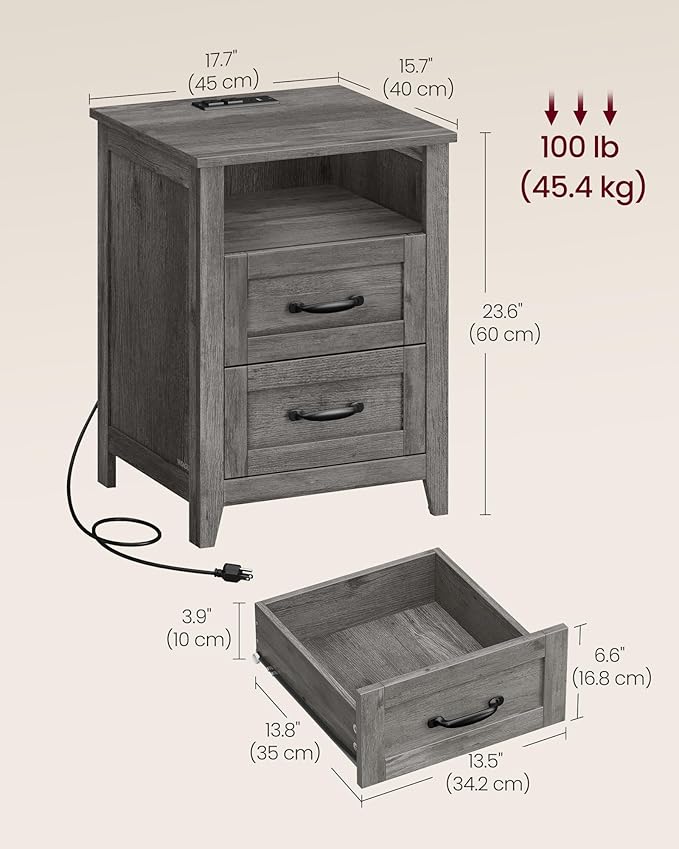 VASAGLE LIRY Collection - Farmhouse Nightstands with Charging Station, Set of 2 Bedside Tables, Side Tables with 2 Drawers, Open Compartment, for Bedroom, Misty Gray ULET869G01