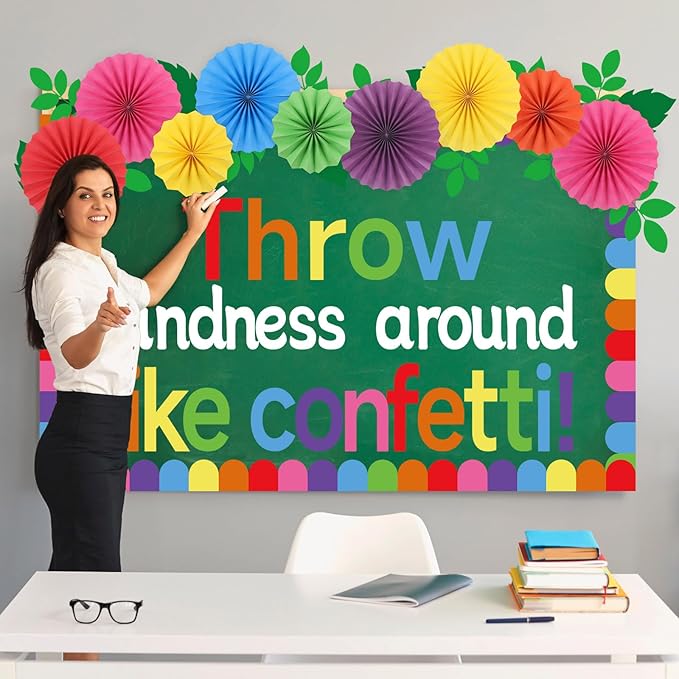 Classroom Bulletin Board Decorations with 3D Paper Fans Inspirational Throw Kindness Around Like Confetti Bulletin Board Set for Back to School Motivational Office Home Wall Door Chalkboard Decor