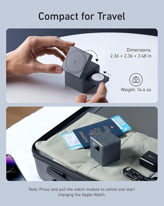 Anker MagSafe Charger Stand, iPhone 16 Wireless Charger, 3-in-1 Cube with MagSafe, 15W Foldable Fast Charging Stand, For iPhone 16/15/14/13, Apple Watch 1-8/Ultra, AirPods (30W USB-C Charger Included)