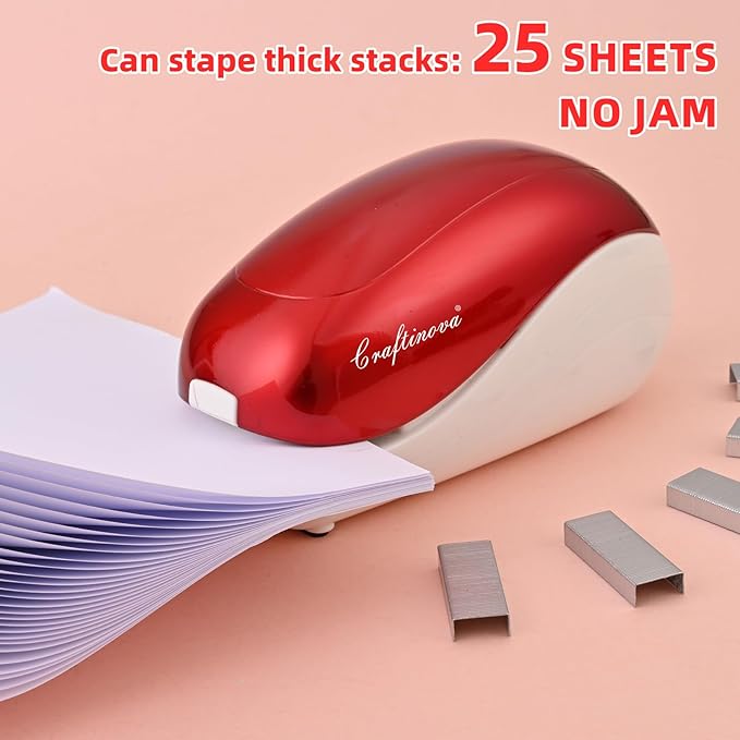 Electric Stapler-Red,Including 2000 Staples and 1 Staple Remover, Suitable for Palm Size and high Comfort，25 Sheet Capacity, AC Adapter or Battery Powered，Battery not Included